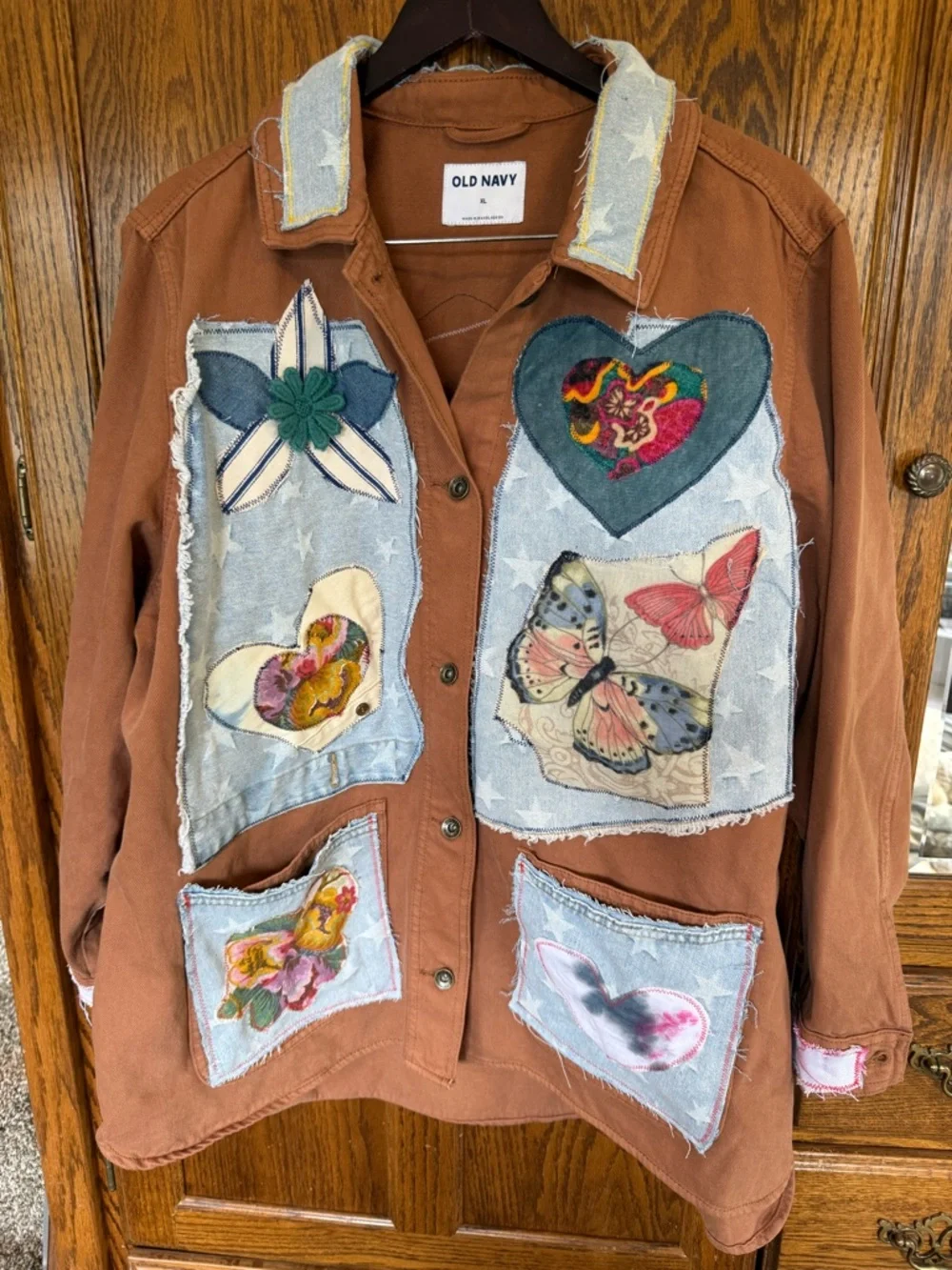 Old Navy Rust Brown Patchwork Jacket with Denim Appliqués - Picture 1 of 2